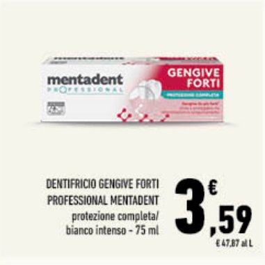Dentifricio Gengive Forti Professional Mentadent protezione completa bianco intenso - 75 ml