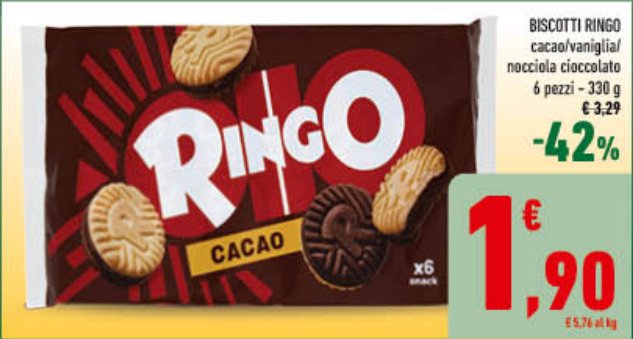 Biscotti Ringo cacao, vaniglia, nocciola e cioccolato 6 pezzi - 330 g
