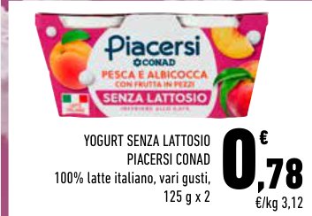 Yogurt senza lattosio pesca e albicocca Piacersi Conad 125 g x 2