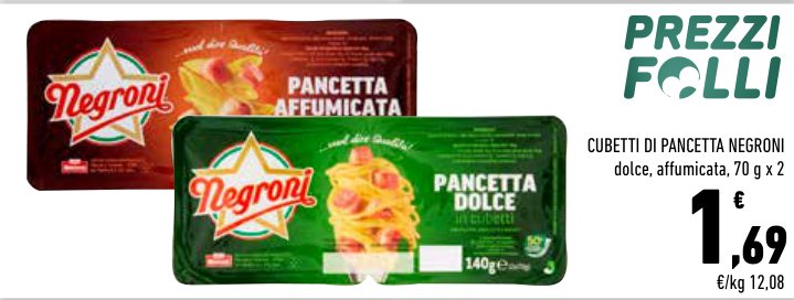 Cubetti di pancetta Negroni dolce, affumicata, 70 g x 2