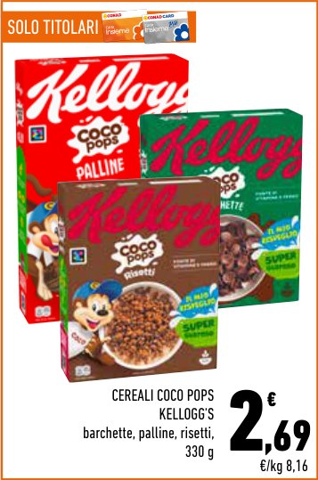 Cereali Coco Pops Kellogg's barchette, palline, risetti, 330 g