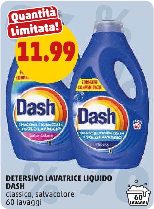 Detersivo lavatrice liquido Dash classico, salvacolore, 60 lavaggi