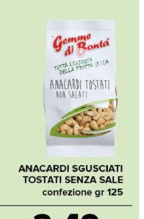 Anacardi sgusciati tostati senza sale, confezione 125 g