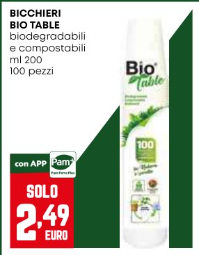 Bicchieri Bio Table biodegradabili e compostabili, 200 ml, 100 pezzi