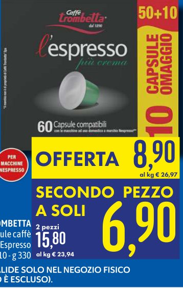 Capsule caffè Espresso, 50+10 pezzi, 330 g