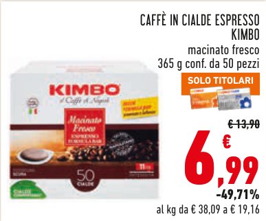 Caffè in cialde espresso Kimbo, macinato fresco, 365 g, conf. da 50 pezzi