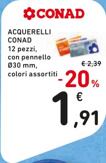 Acquerelli Conad 12 pezzi, con pennello Ø30 mm, colori assortiti