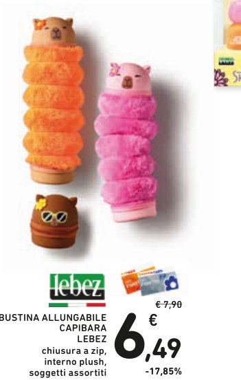 Bustina allungabile Capibara, chiusura a zip, interno plush, soggetti assortiti