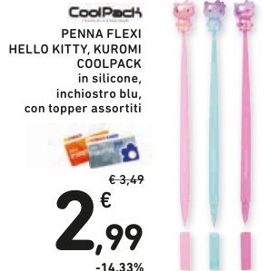 Penna Flexi Hello Kitty, Kuromi CoolPack in silicone, inchiostro blu, con topper assortiti