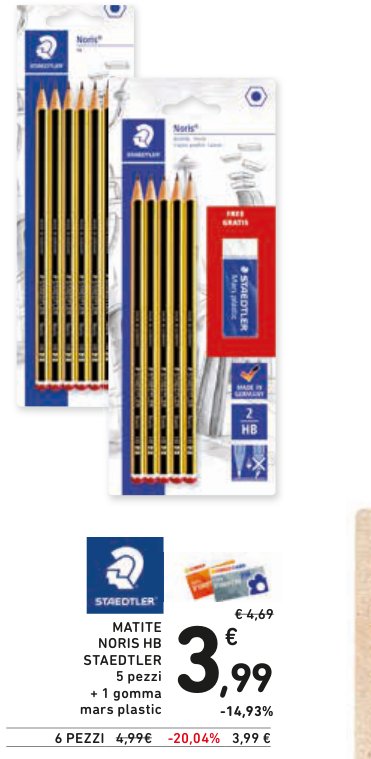 Matite Noris HB Staedtler, 5 pezzi + 1 gomma Mars Plastic