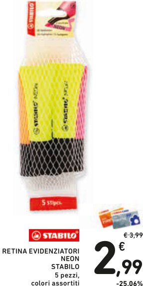 Retina evidenziatori neon Stabilo 5 pezzi, colori assortiti