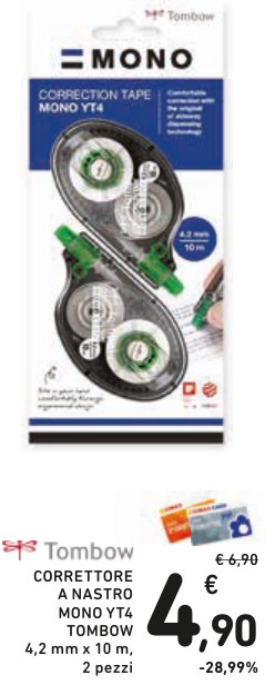 Correttore a nastro Mono YT4 Tombow, 4,2 mm x 10 m, 2 pezzi