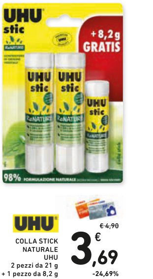 Colla stick naturale UHU, 2 pezzi da 21 g + 1 pezzo da 8,2 g