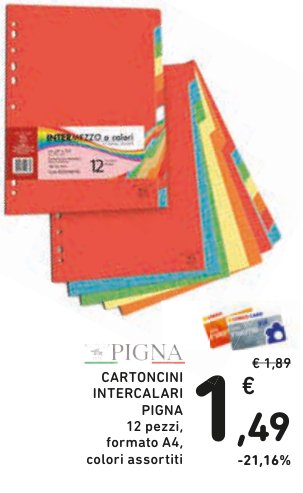 Cartoncini intercalari Pigna, 12 pezzi, formato A4, colori assortiti