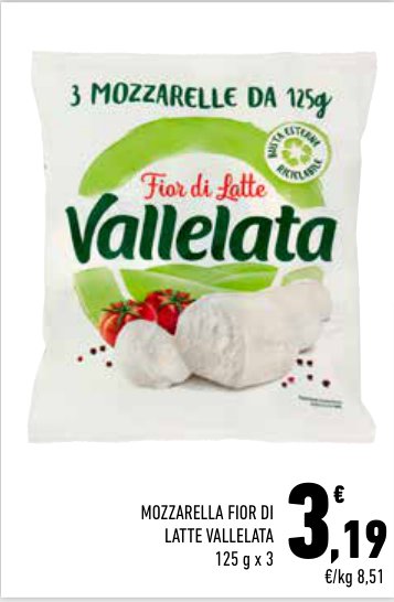 Mozzarella Fior di Latte Vallelata, 125 g x 3
