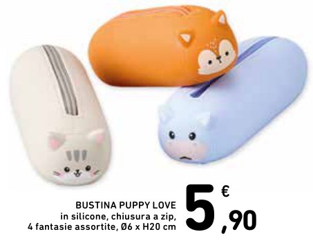 Bustina Puppy Love in silicone, chiusura a zip, 4 fantasie assortite, Ø6 x H20 cm