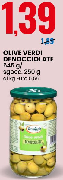 Olive verdi denocciolate 545 g, sgocc. 250 g